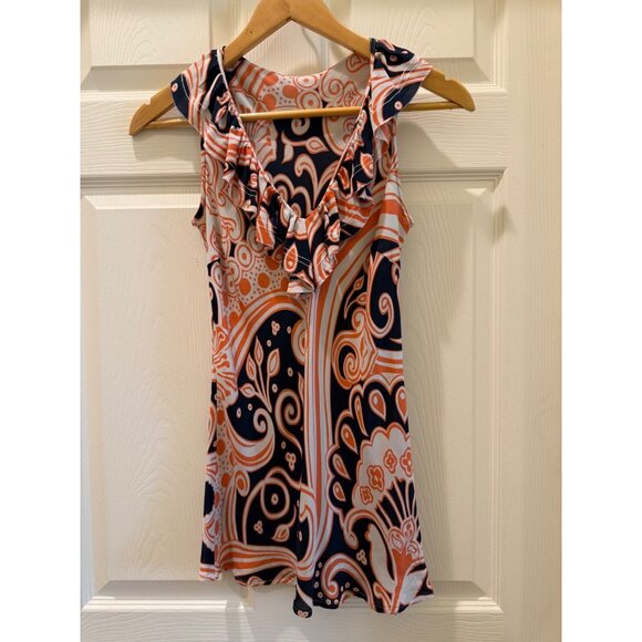 Tory Burch Womens Ruffle V Neck Sleeveless Top Size S Orange & Navy Paisley Prin - Picture 1 of 10